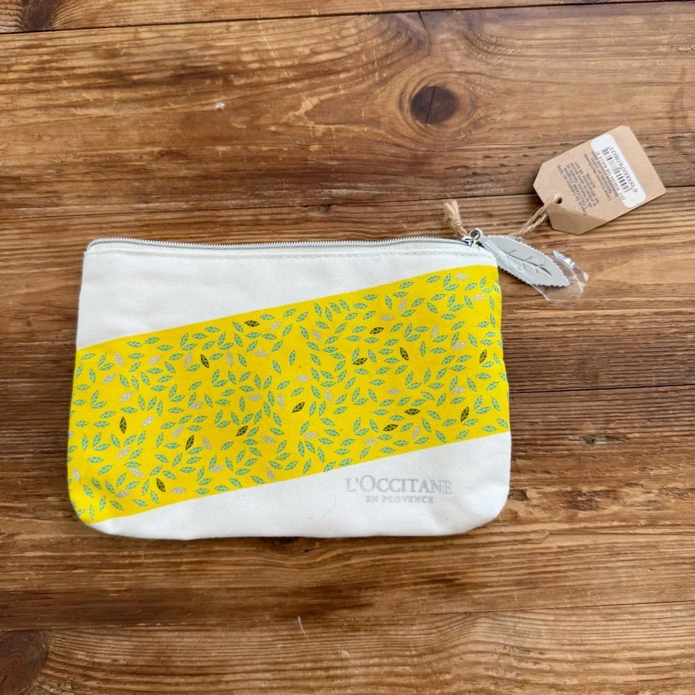 L'Occitane en Provence Organic Cotton Cosmetic Zipper Pouch Bag Cream Yellow NWT